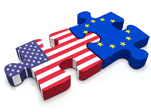 EU flag & US flag as puzzle pieces